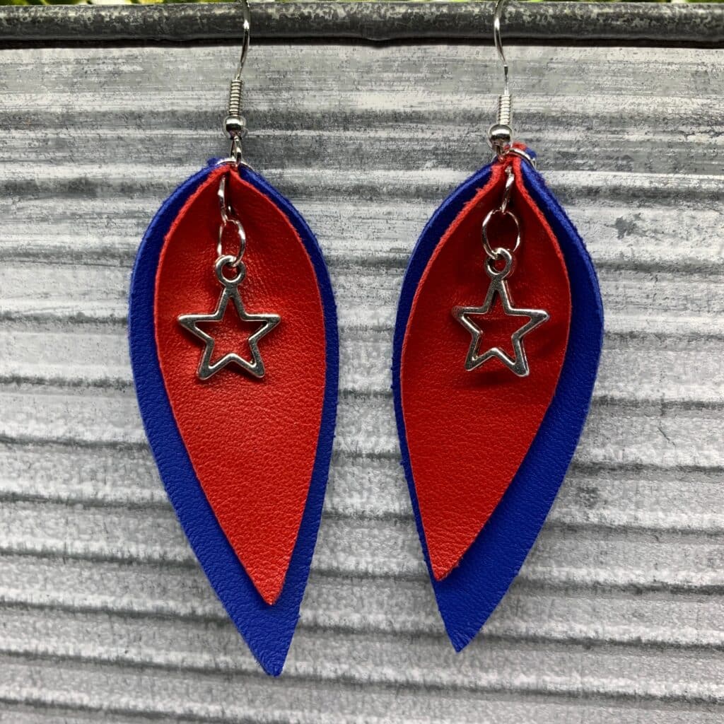 red and blue diy pinched leather earrings with stars