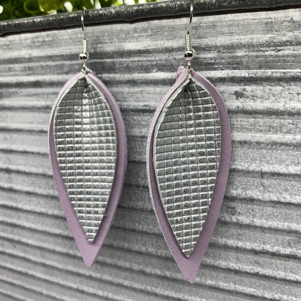 purple and silver diy pinched leather earrings