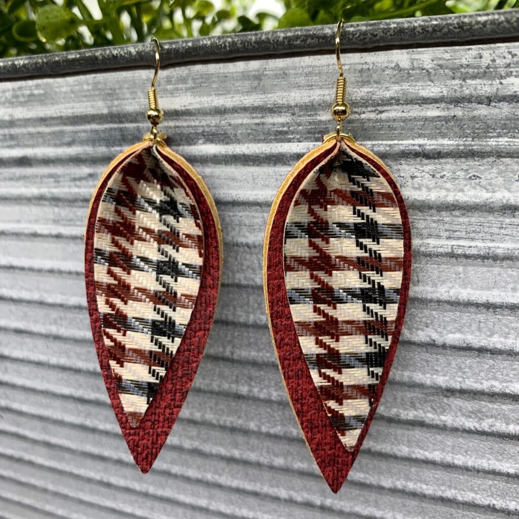 black and burgundy hounds tooth diy pinched leather earrings