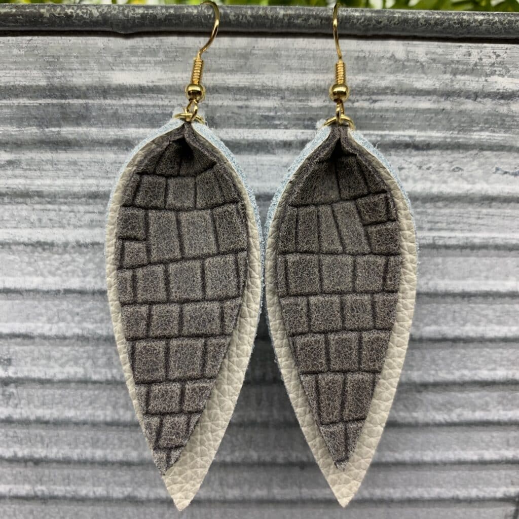 beige and gray diy pinched leather earrings