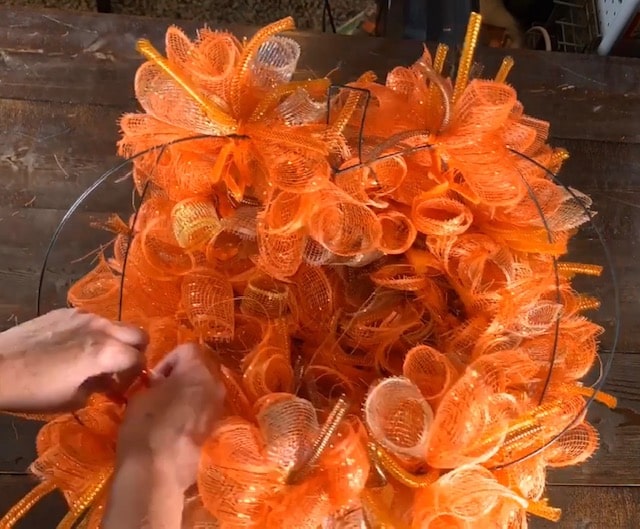 pumpkin mesh wreath diy with wreath about a third full of mesh bundles