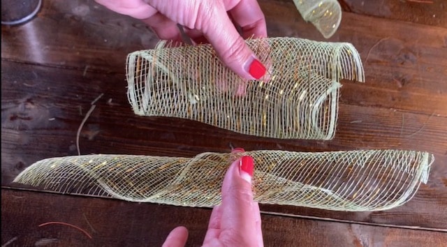 preparing mesh bundles for the pumpkin mesh wreath diy pumpkin stem