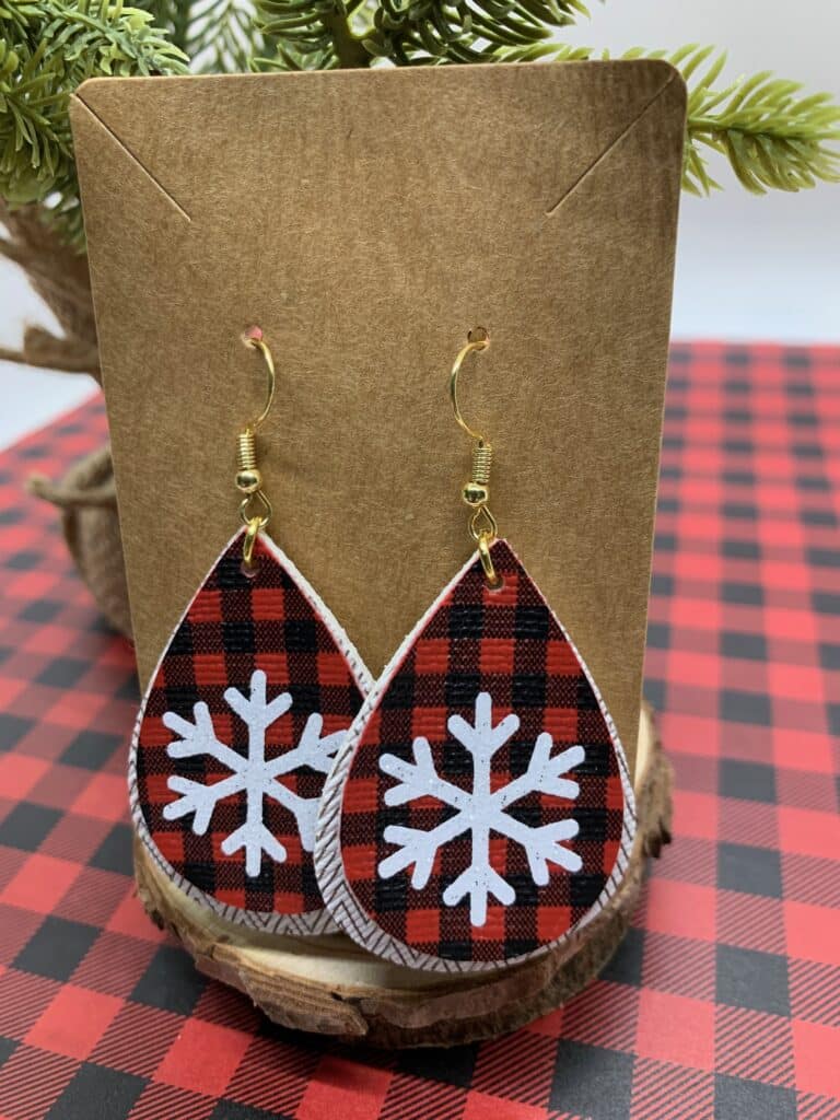 faux leather snowflake earrings with mini buffalo plaid faux leather