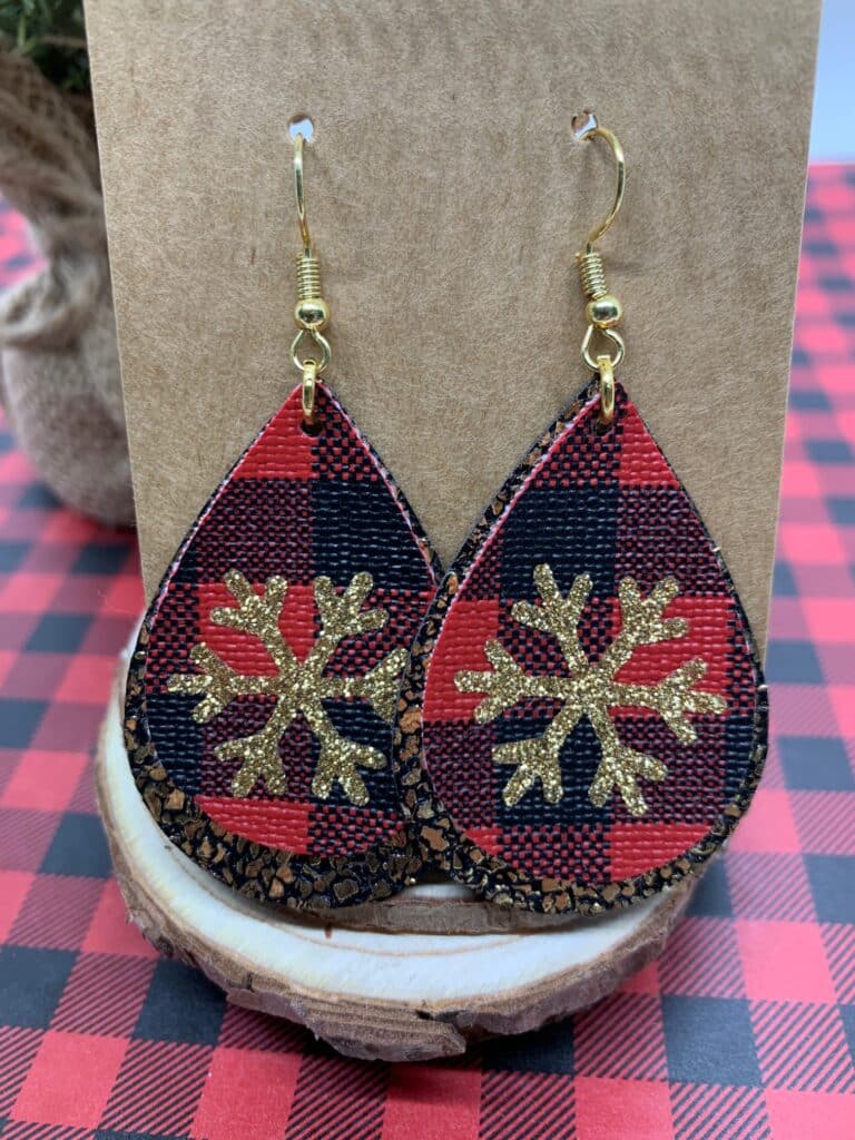 faux leather snowflake earrings with red and black buffalo check faux leather