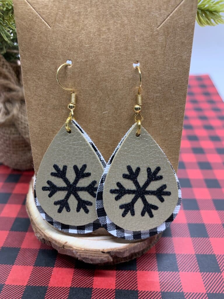faux leather snowflake earrings with mini black and white buffalo check and gold double sided faux leather