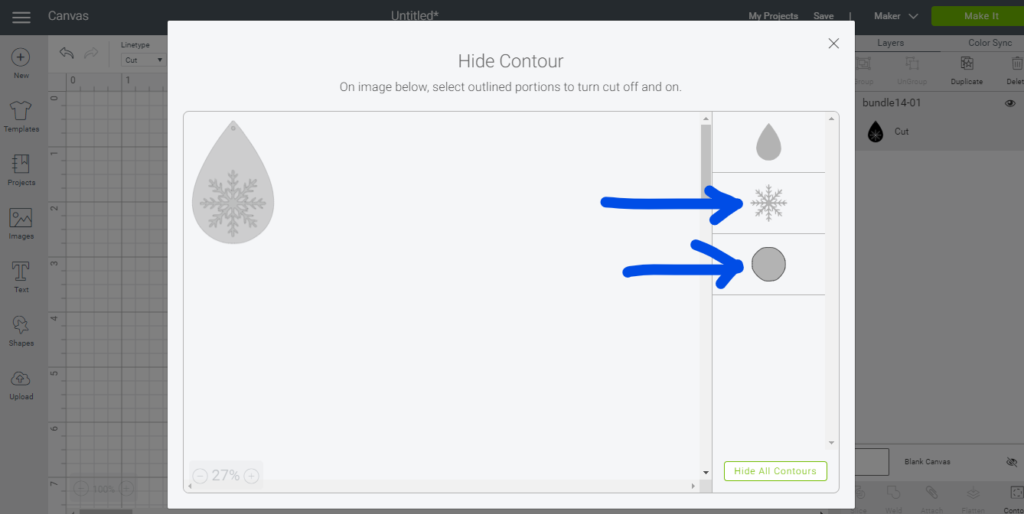 using the contour function in cricut design space to hide parts of the diy earring on the canvas