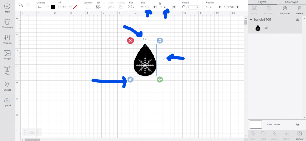resizing a teardrop earring on the Cricut canvas to cut out on cricut machine