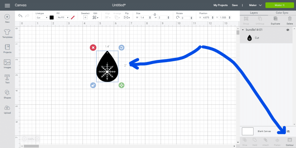 using the contour function on Cricut Maker to hide the snowflake on the faux leather earrings