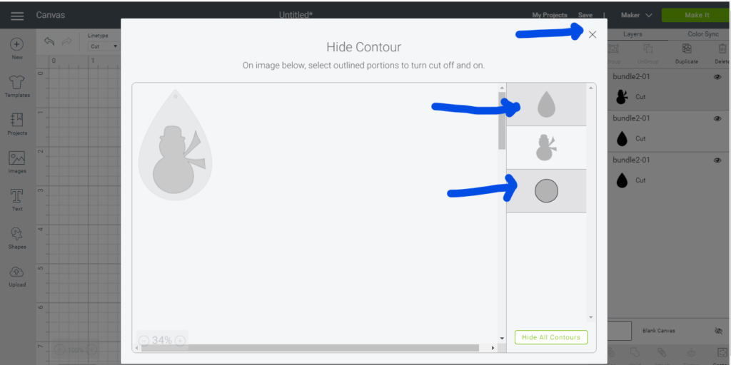 Using contour function in Cricut to create the snowman for the faux leather holiday earrings