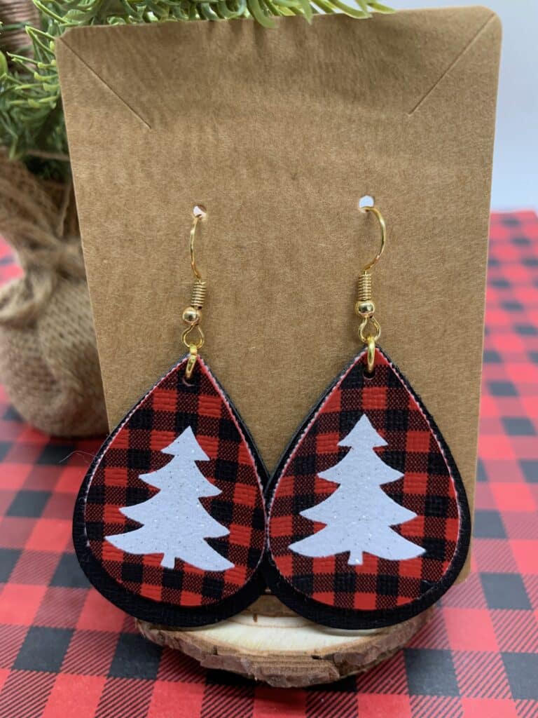 mini buffalo plaid diy faux leather earrings with Christmas tree