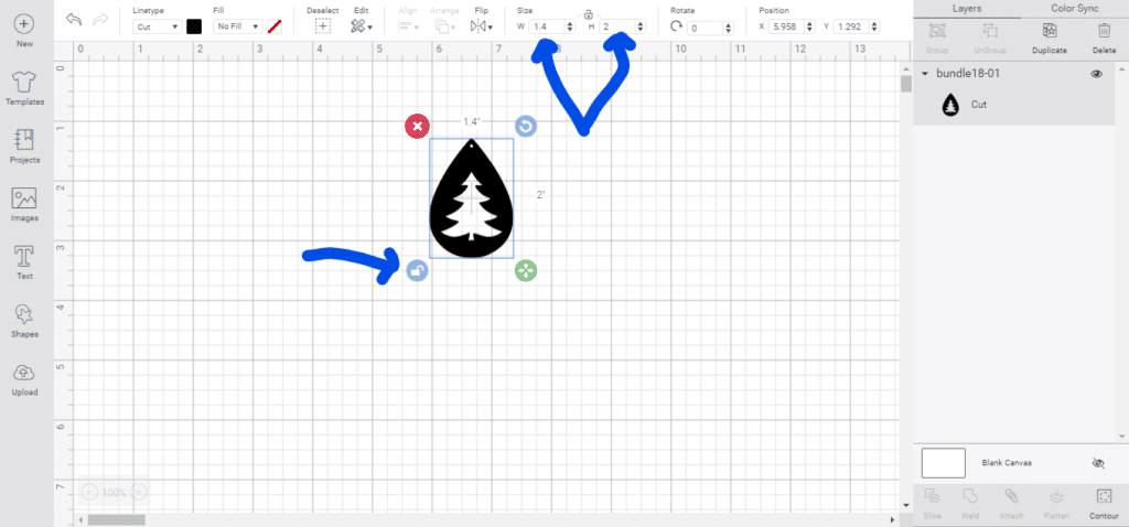 changing the size of the christmas faux leather earrings in Cricut design space