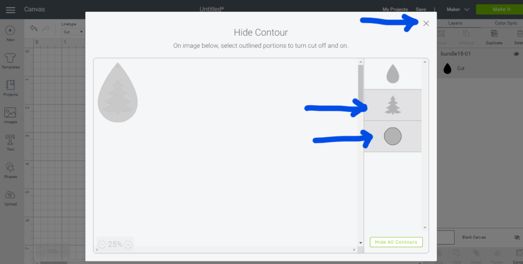 using the contour function to hide the Christmas tree from the Christmas faux leather earring DIY