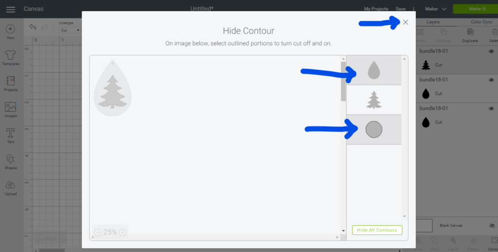 Hiding elements in Cricut using Contour function, to make tree earring