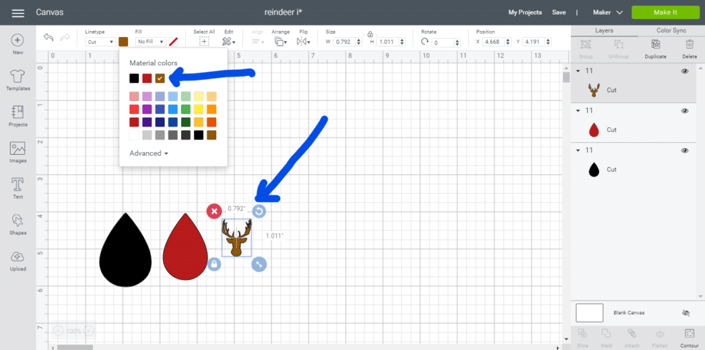 Changing color of faux leather earrings in Cricut design space on Cricut Maker machine