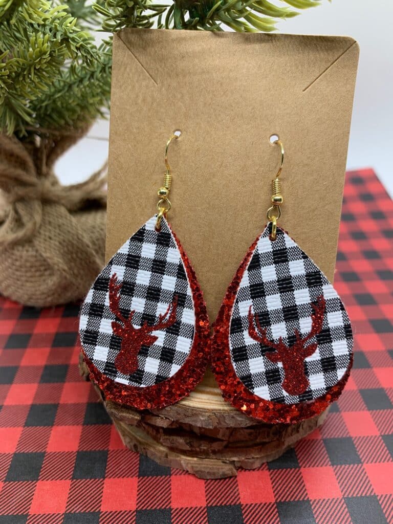 reindeer christmas earrings with chunky glitter faux leather