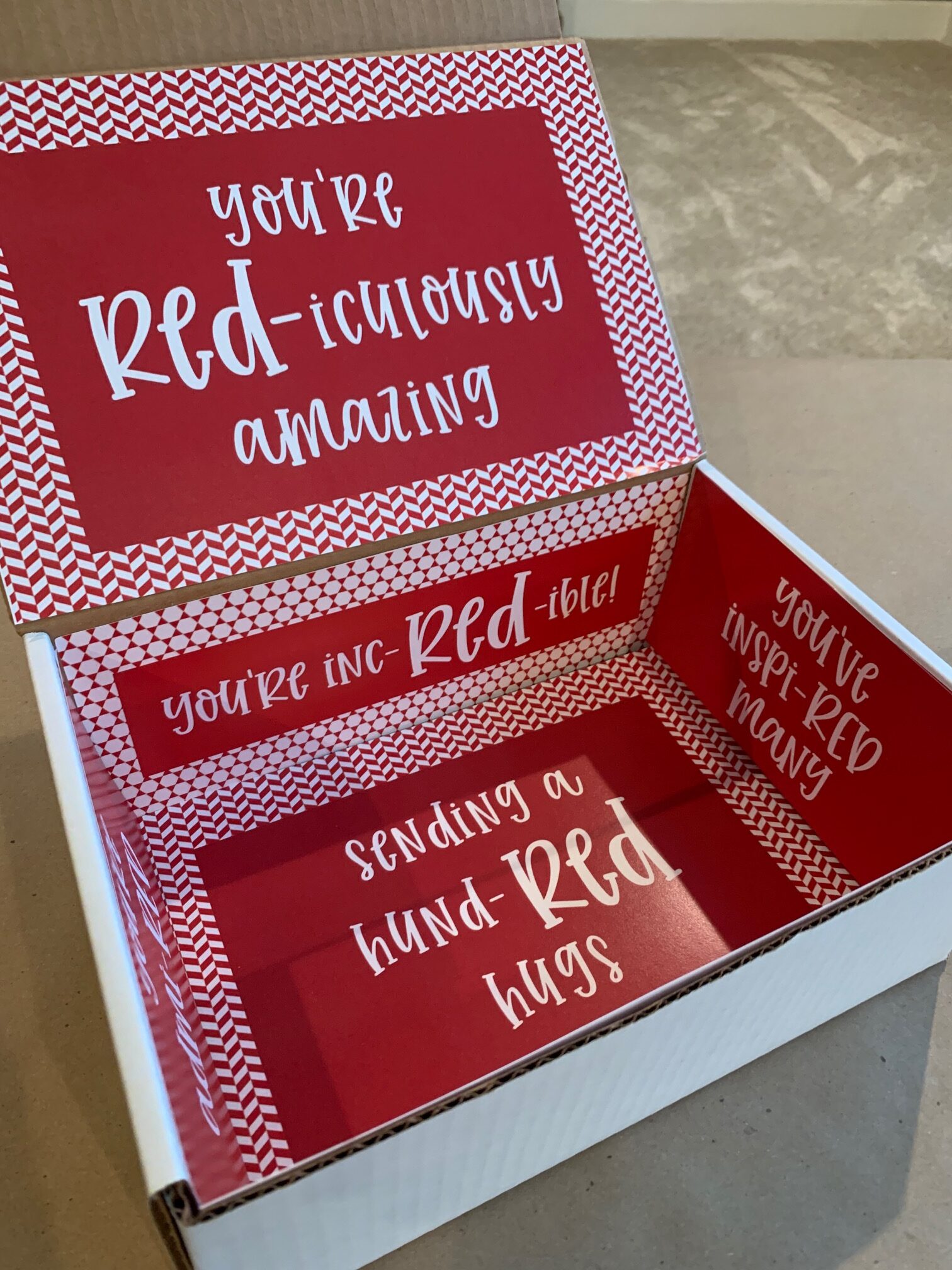 red care package with free printables