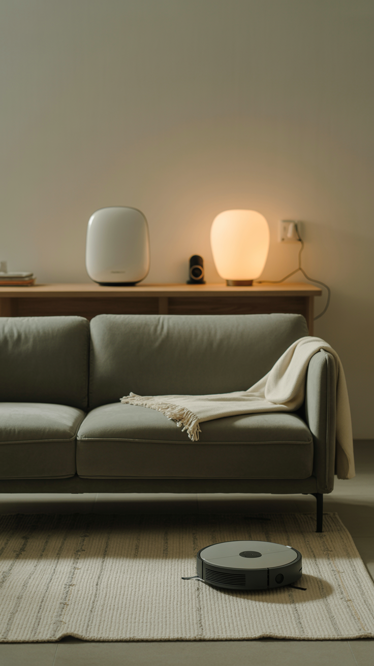 Couch with a smart lamp and other smart home devices styled on a console table, illustrating smart home basics