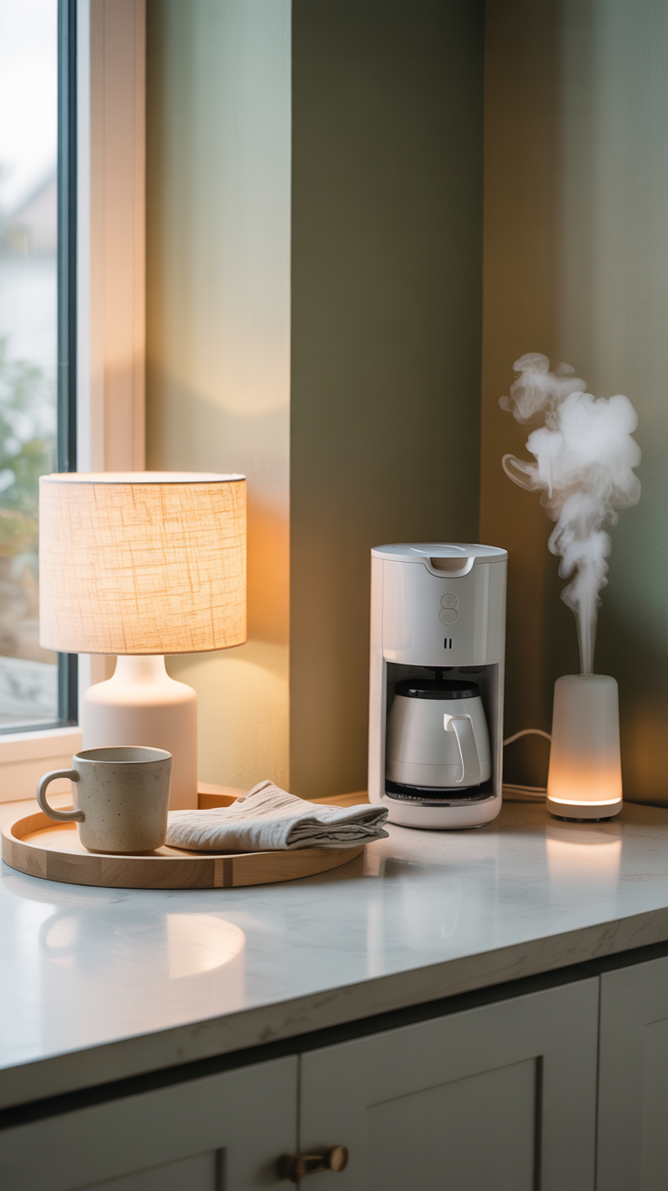Smart coffee maker and smart diffuser on a countertop next to a lamp, cup of coffee, and napkin for smart tech for morning routines