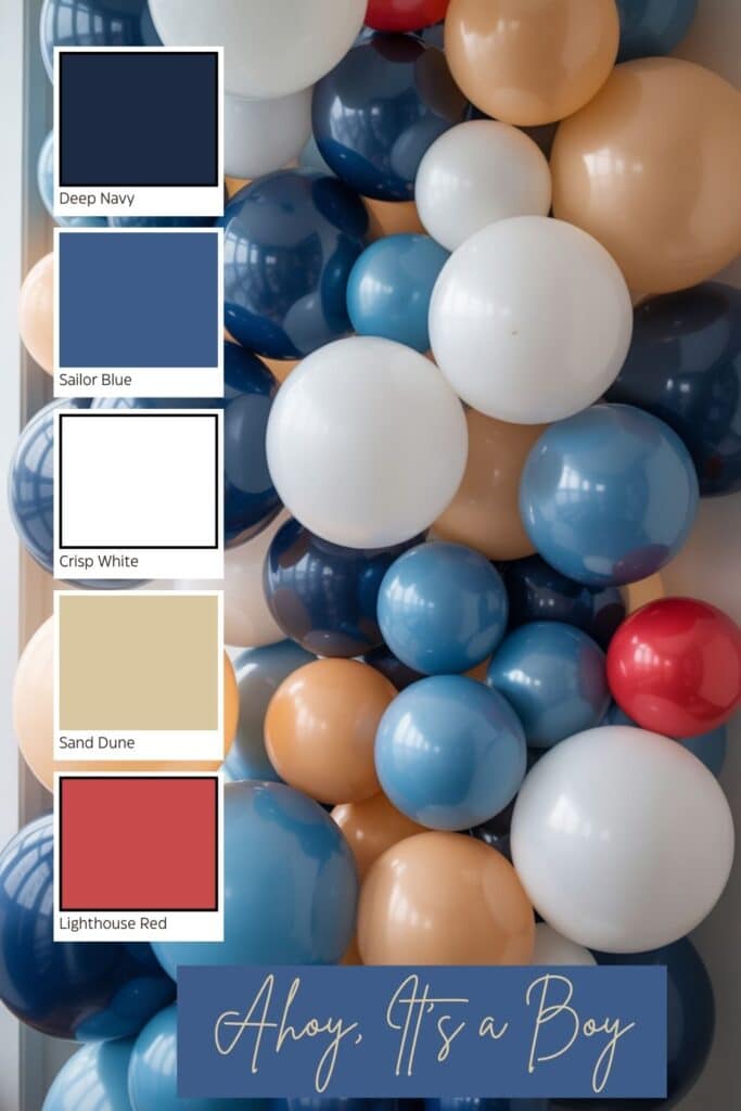 A nautical‑themed balloon backdrop featuring balloons in deep navy, sailor blue, crisp white, sand beige, and lighthouse red. A five‑color palette appears on the left side, and a blue banner at the bottom reads “Ahoy, It’s a Boy” in cursive lettering.
