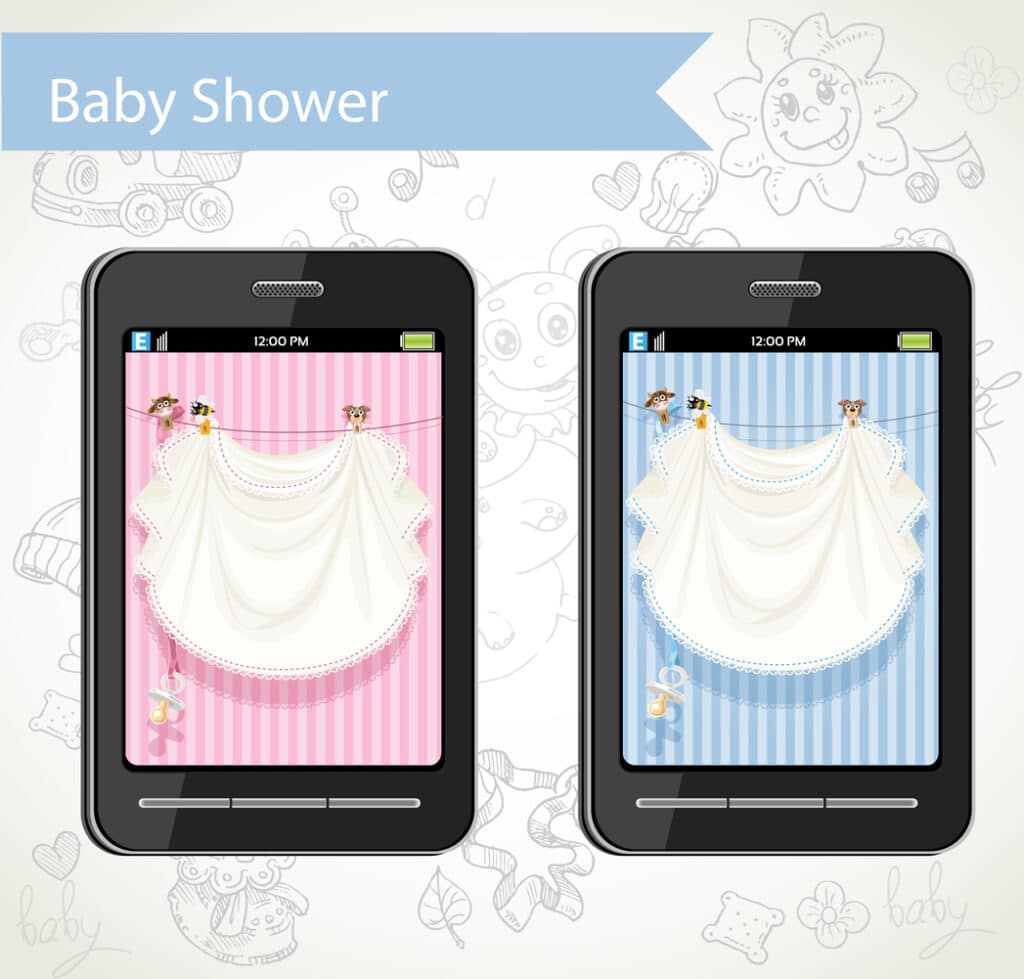 Two smartphones displaying baby shower digital invitations, one in pink and one in blue, each featuring playful animal illustrations, hanging baby items, and soft striped backgrounds.