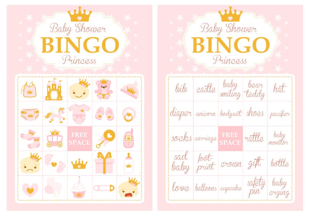 Two pink and gold baby shower bingo cards displayed side by side, one with illustrated icons and one with text prompts, offering a fun and easy game guests actually enjoy.