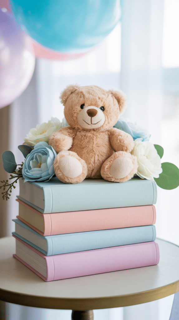 A plush teddy bear sitting on top of a stack of four pastel-colored books arranged flat on a round table, surrounded by white and blue flowers with green foliage, with soft pastel balloons and sheer curtains in the background.
