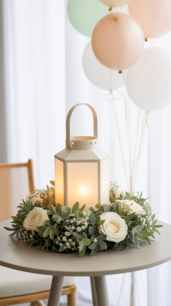 A cream-colored lantern with a warm glow surrounded by white roses, baby’s breath, and soft greenery on a round table, with pastel balloons and sheer curtains softly blurred in the background.