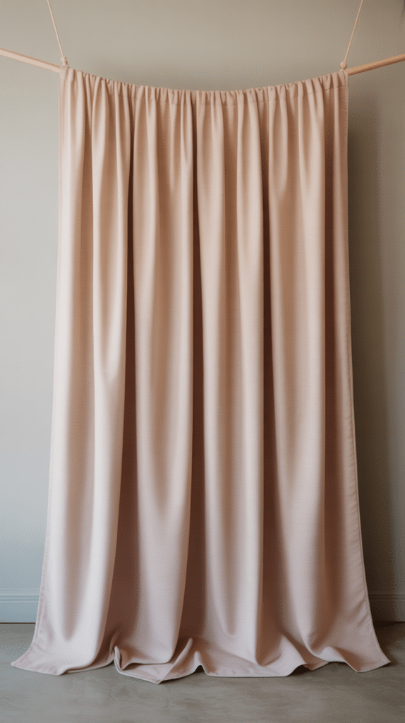 A soft pink curtain hangs from a wooden rod suspended by ropes, creating a simple baby‑shower photo booth backdrop. The fabric falls in gentle vertical folds and pools slightly on the floor, set against a plain light‑colored wall and smooth gray flooring.