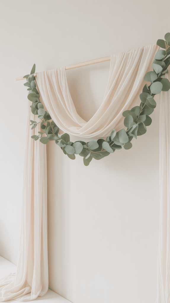 A simple baby‑shower backdrop created by styling a blank neutral wall with light draping and minimal décor, forming a clean, photo‑ready setup.