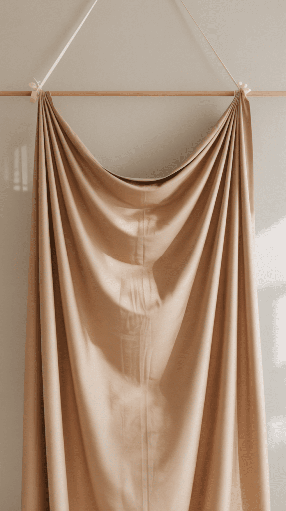 A simple baby‑shower backdrop made from a soft fabric panel hanging from a tension rod. The material falls in gentle folds against a neutral wall, creating a clean, minimal, photo‑ready setup.