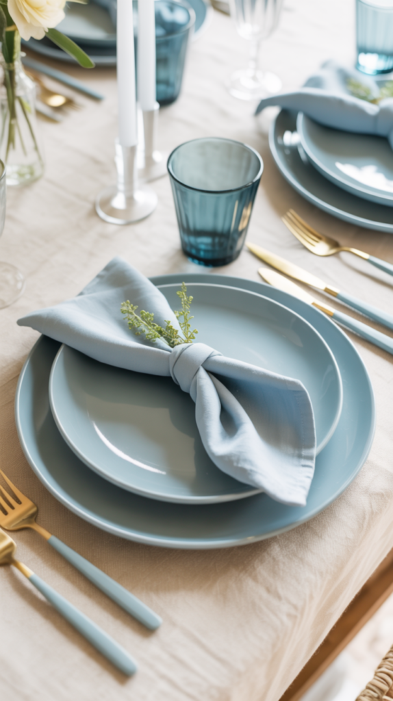 A light blue baby shower place setting with stacked plates, a knotted blue cloth napkin, gold and blue flatware, and a sprig of greenery on a neutral tablecloth.