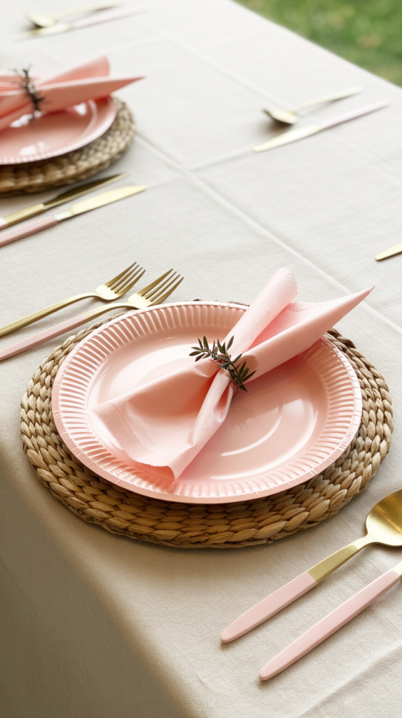 A pink baby shower place setting with a pink plate, knotted pink napkin, gold and pink flatware, and a sprig of greenery on a neutral tablecloth.