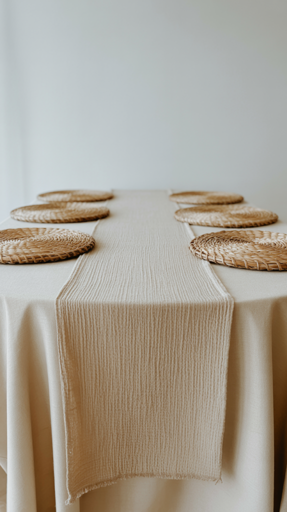 A soft, neutral baby shower tablescape foundation with a cream tablecloth, gauze runner, and woven placemats arranged in a simple, unfinished base layer.