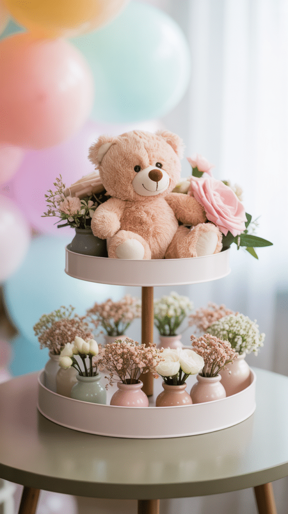 A two‑tiered white tray styled as a baby shower centerpiece, with a plush teddy bear and pink roses on the top tier and small pastel vases filled with delicate white and pink flowers on the bottom tier, set on a round table with soft pastel balloons in the background.