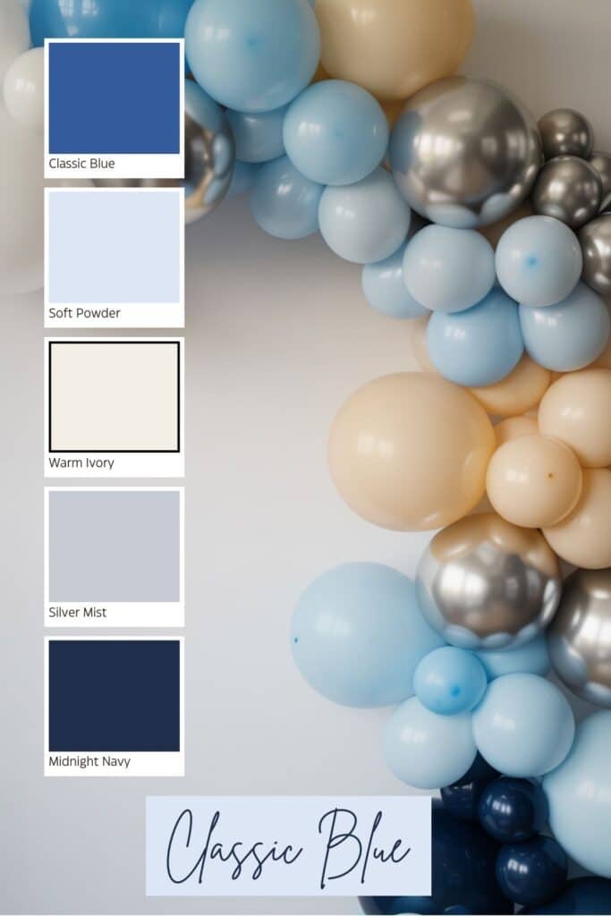 A classic blue baby shower backdrop featuring a balloon arch in layered shades of blue, soft powder, ivory, and silver, styled with clean lines and modern arches. A coordinating color palette appears beside the display.