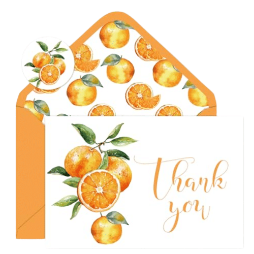 Orange‑themed thank you card set with a matching envelope and round sticker featuring watercolor oranges.