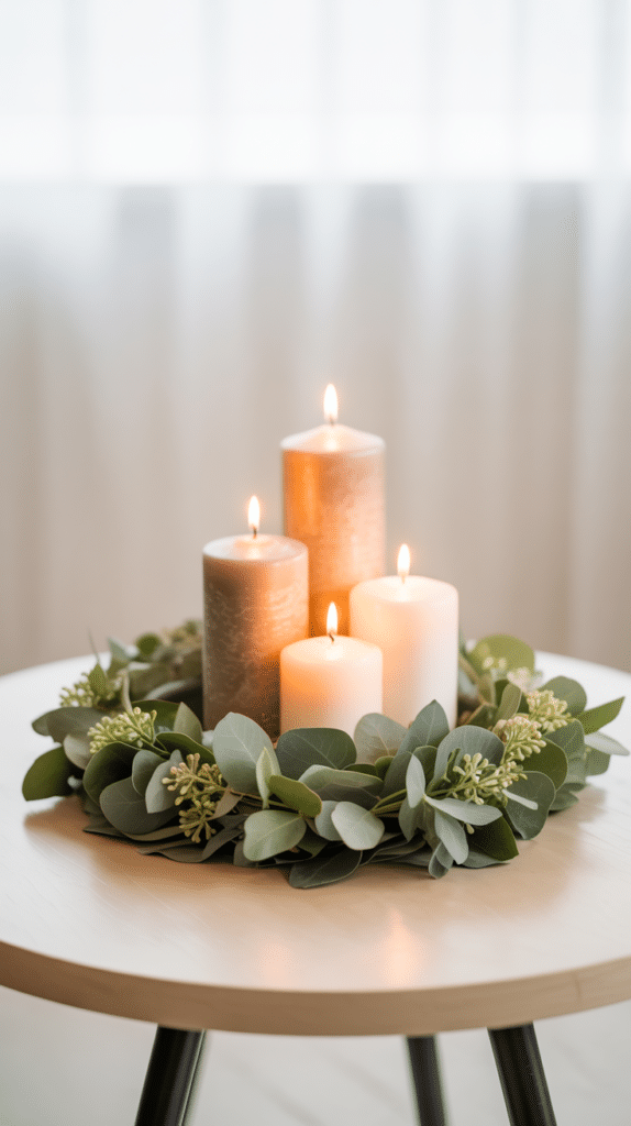A neutral baby shower centerpiece with four pillar candles of varying heights surrounded by a lush ring of eucalyptus greenery on a round table, with soft natural light filtering through sheer curtains in the background.