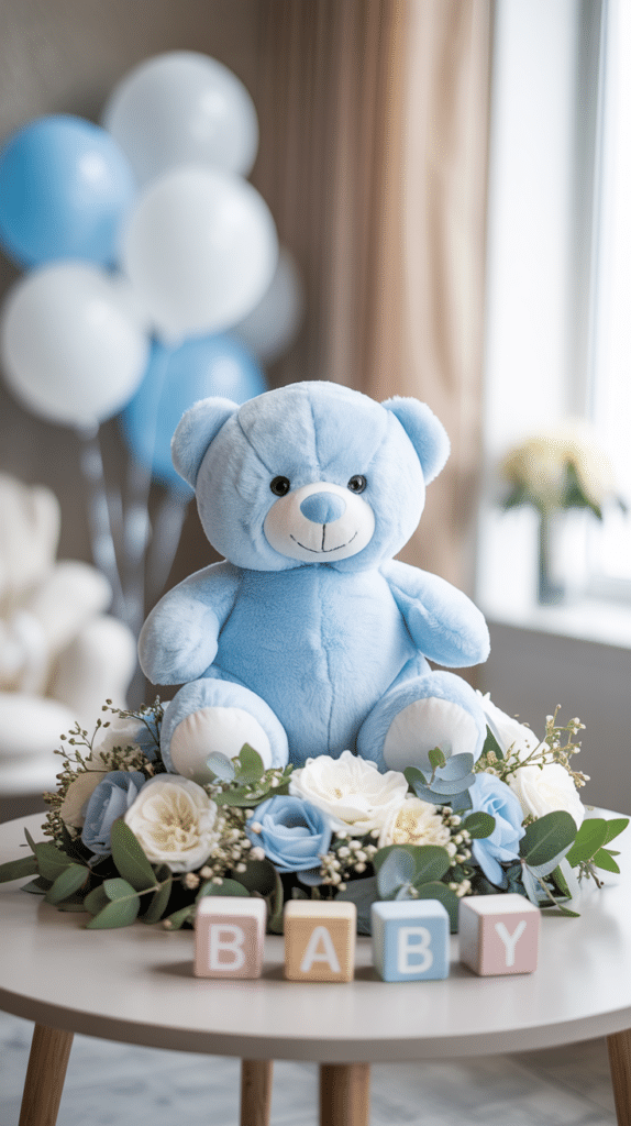 A light blue plush teddy bear sitting on a round table, surrounded by white and blue flowers and green foliage, with pastel BABY blocks in front and blue-and-white balloons in the background.