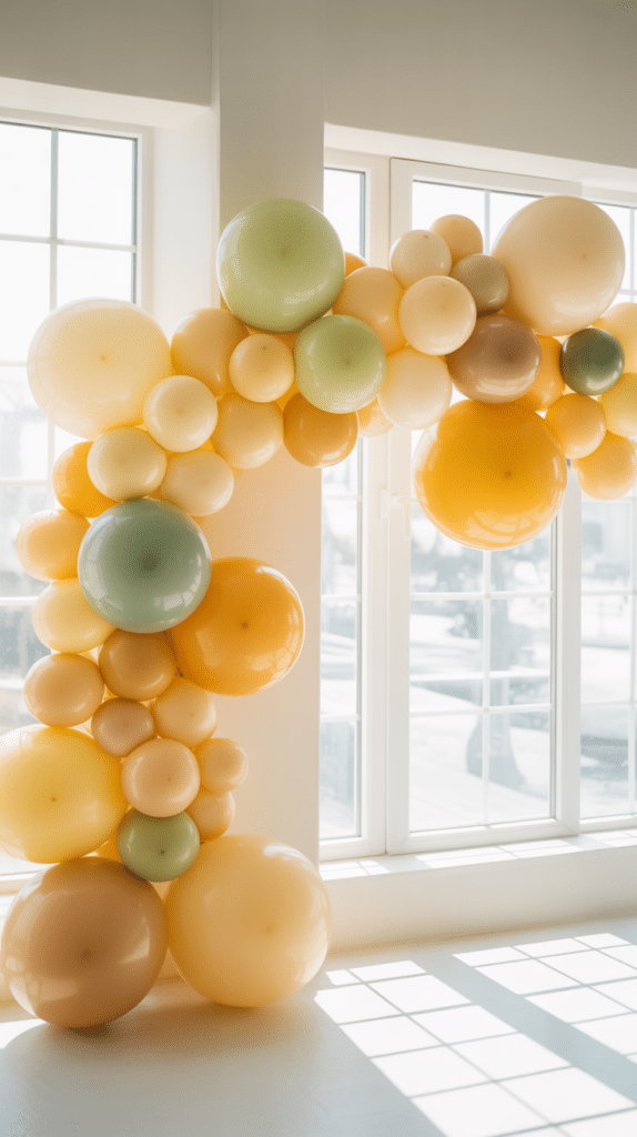 A pastel balloon arch in shades of yellow, orange, green, and beige arranged indoors in front of large windows. The balloons vary in size and form a semi‑circular shape, with sunlight streaming through the windows and casting soft shadows on the floor.
