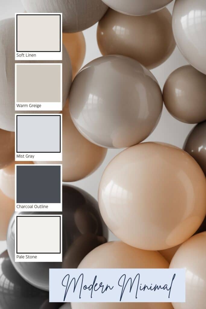 A modern minimal baby shower backdrop featuring neutral balloons in soft linen, warm greige, mist gray, charcoal, and pale stone, arranged against smooth arches with clean lines and soft natural lighting. A coordinating color palette appears beside the display.