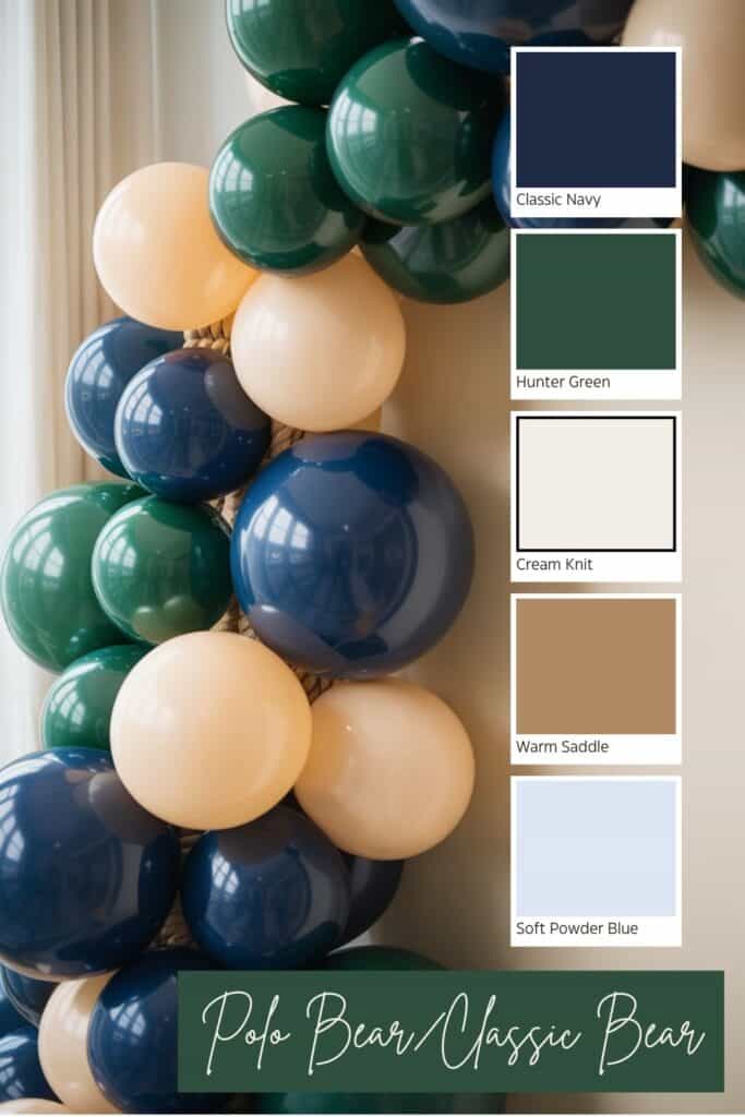 A Polo Bear–inspired baby shower backdrop featuring a realistic balloon arch in classic navy, hunter green, and cream, styled against smooth modern arches with soft natural lighting. A coordinating three‑color palette appears beside the display.