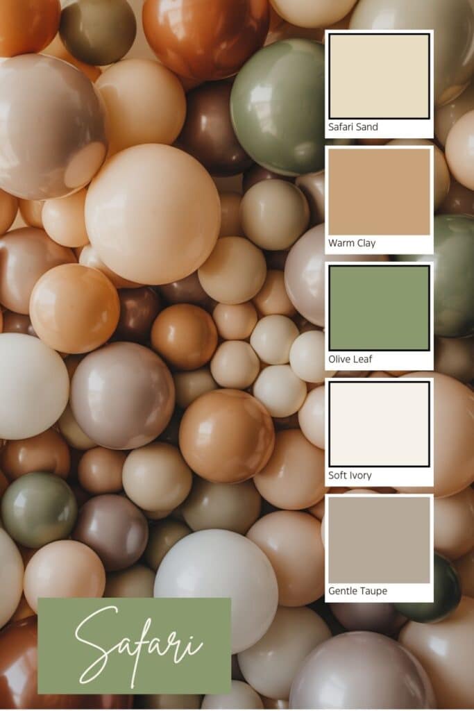 A dense safari‑themed balloon backdrop featuring balloons in earthy tones of beige, warm clay, olive green, soft ivory, and gentle taupe. The balloons fill the frame in a textured arrangement, with a five‑color palette displayed on the right side labeled Safari Sand, Warm Clay, Olive Leaf, Soft Ivory, and Gentle Taupe.