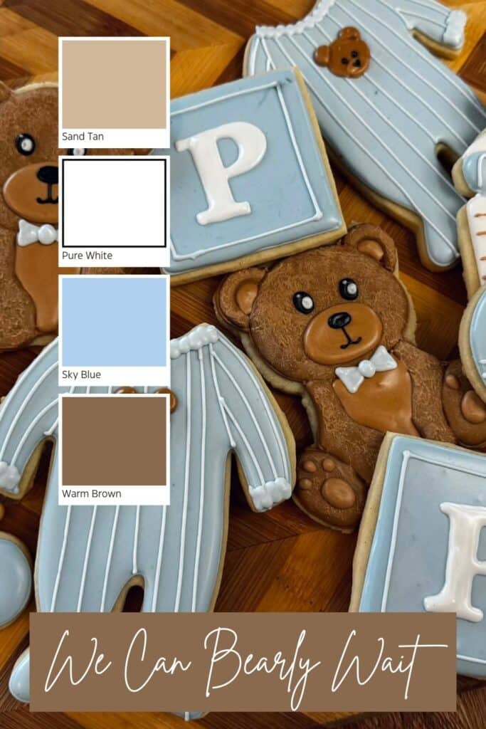 This We Can Bearly Wait theme blends warm browns, soft neutrals, and gentle baby blues for a sweet, cozy celebration. With teddy bear details, playful cookie designs, and a warm, welcoming palette, it creates an adorable backdrop perfect for honoring the little one on the way.