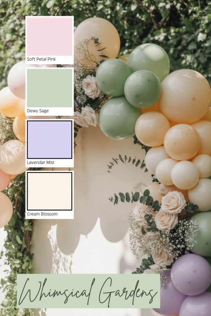A whimsical garden–themed baby shower backdrop featuring a pastel balloon arch in soft pink, sage, lavender, and cream, accented with delicate florals and greenery. A coordinating four‑color palette labeled Soft Petal Pink, Dewy Sage, Lavender Mist, and Cream Blossom appears beside the display.