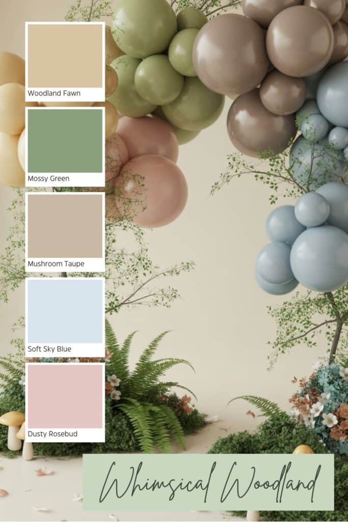 A whimsical woodland baby shower backdrop featuring pastel balloons in fawn, mossy green, taupe, sky blue, and dusty rose, styled with soft greenery, tiny mushrooms, and delicate forest details. A coordinating five‑color palette appears beside the display.