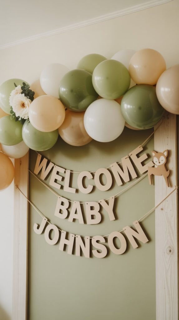 Woodland baby shower display with a sage, white, and beige balloon garland, wooden “Welcome Baby Johnson” banner, greenery accents, and a small deer cutout on a light green backdrop.