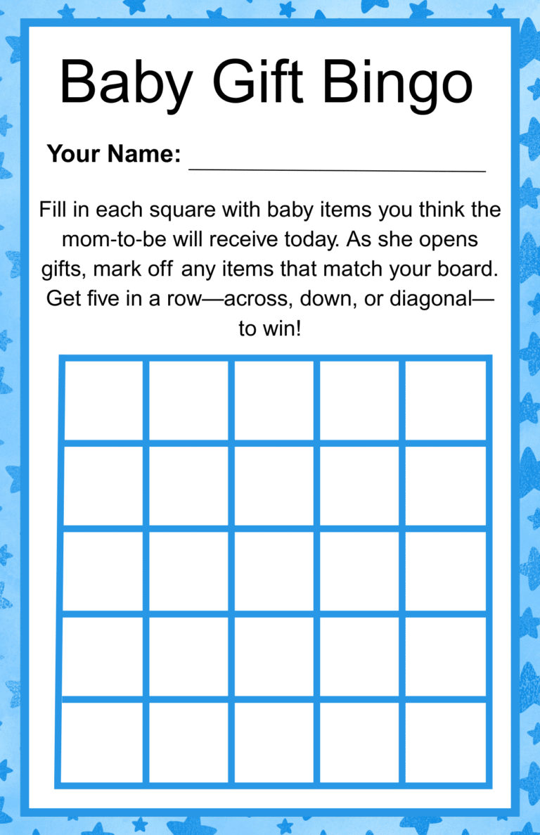 Baby Gift Bingo printable card with a blue star border, blank 5x5 grid, and instructions for guests to fill in baby items and mark them off during the gift‑opening game.