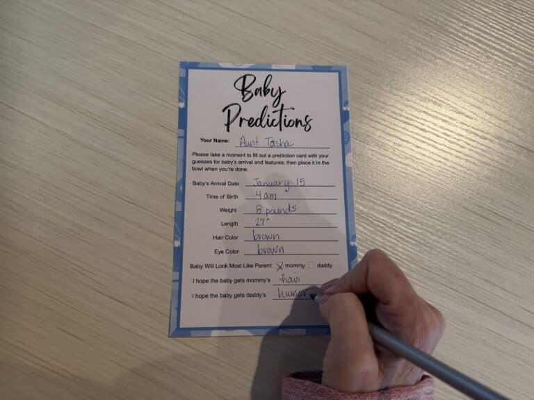 completed baby predictions card for baby shower
