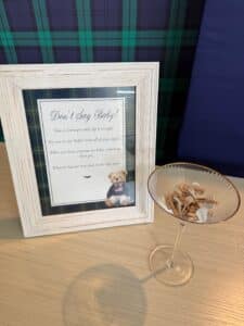 Framed “Don’t Say Baby” game sign displayed beside a martini glass filled with small wooden clothespins, set against a blue and green plaid backdrop.